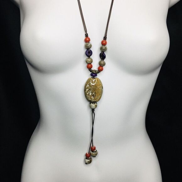 Tribal Boho Necklace Ceramic South West Leather Cord Red Blue Brown ooak 4419 - Picture 3 of 9